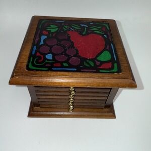 Vintage Mid Century Wood Cork Coasters  Set of 6 Wooden Box Apple Grapes Top